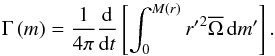 Mathematical equation: \begin{equation} \Gamma \left(m\right) =\frac{1}{4\pi}\frac{\rm d}{{\rm d}t}\left[\int_{0}^{M\left(r\right)}{r'}^2{\overline\Omega}\,{\rm d}m'\right]. \end{equation}