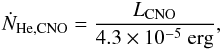 Mathematical equation: \begin{eqnarray} \dot{N}_{\mathrm{He,CNO}}=\frac{L_{\mathrm{CNO}}}{4.3\times10^{-5}\mathrm{\ erg}}, \end{eqnarray}