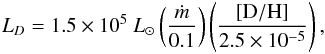 Mathematical equation: \appendix \setcounter{section}{1} \begin{eqnarray} L_D=1.5\times10^5~L_\odot \left( \frac{\dot{m}}{0.1} \right)\left( \frac{[\mathrm{D/H}]}{2.5\times10^{-5}} \right), \end{eqnarray}