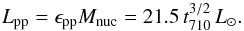 Mathematical equation: \appendix \setcounter{section}{1} \begin{eqnarray} L_{\rm pp}=\epsilon_{\rm pp}M_{\rm nuc}=21.5\, t_{710}^{3/2}\, L_\odot. \label{EqLpp} \end{eqnarray}