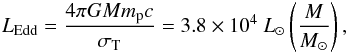 Mathematical equation: \begin{eqnarray} L_{\rm Edd}=\frac{4 \pi G M m_{\rm p} c}{\sigma_{\rm T}}=3.8\times10^4~L_\odot \left( \frac{M}{M_\odot} \right),\label{LEddstar} \end{eqnarray}