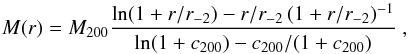 Mathematical equation: \begin{equation} M(r)=\mtwo {\ln(1+r/\rs)-r/\rs \, (1+r/\rs)^{-1} \over \ln(1+\ctwo)-\ctwo/(1+\ctwo)} \ , \label{e:nfw} \end{equation}