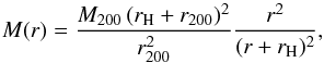 Mathematical equation: \begin{equation} M(r)={\mtwo \, (\rh+\rtwo)^2 \over \rtwo^2} {r^2 \over (r+\rh)^2} , \label{e:her} \end{equation}