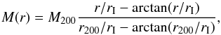 Mathematical equation: \begin{equation} M(r) = \mtwo {r/\ri-\arctan(r/\ri) \over \rtwo/\ri-\arctan (\rtwo/\ri)},\label{e:sis} \end{equation}