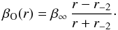 Mathematical equation: \begin{equation} \beta_{\rm O}(r)=\beta_{\infty} \, {r-\rs \over r+\rs} \cdot \label{e:O} \end{equation}