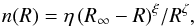 Mathematical equation: \begin{equation} n(R)=\eta \, (R_{\infty}-R)^{\xi}/R^{\zeta}, \end{equation}