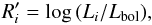 Mathematical equation: \begin{equation} R^\prime_{i} = \log{(L_{i}/L_{\rm bol})}, \label{eq:actindex} \end{equation}