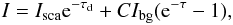 Mathematical equation: \begin{equation} I = I_{\rm sca}{\rm e}^{-\tau_{\rm d}} + CI_{\rm bg}({\rm e}^{-\tau} - 1), \label{eq:Ibg_corr} \end{equation}