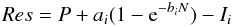 Mathematical equation: \begin{equation} Res = P + a_i(1-{\rm e}^{-b_iN}) - I_i \label{eq:res} \end{equation}