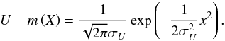 Mathematical equation: \begin{equation} U-m\left( X\right) =\frac{1}{\sqrt{2\pi }\sigma _{U}}\exp \left( -\frac{1}{ 2\sigma _{U}^{2}}x^{2}\right). \end{equation}