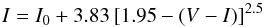 Mathematical equation: \begin{equation} \label{eq:RGBfit} I=I_0+3.83\,[1.95 - (V-I)]^{2.5} \end{equation}