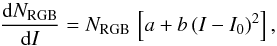 Mathematical equation: \begin{equation} \label{eq:distributionfit} \frac{{\rm d}N_{\rm RGB}}{{\rm d}I}=N_{\rm RGB}\,\left[a + b\,(I-I_0)^2\right], \end{equation}