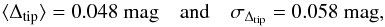 Mathematical equation: \begin{equation} \label{eq:statisticalshift} \langle\Delta_{\rm tip}\rangle=0.048~{\rm mag} \quad\hbox{and}\quad \sigma_{\Delta_{\rm tip}}=0.058~{\rm mag}, \end{equation}