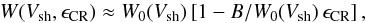 Mathematical equation: \begin{equation} W(V_{\rm sh}, \epsilon_{\rm CR}) \approx W_0(V_{\rm sh}) \left[1-B/W_0(V_{\rm sh}) \, \epsilon_{\rm CR} \right], \end{equation}
