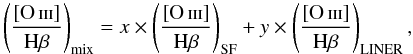 Mathematical equation: $$ \left(\frac{\left[\ion{O}{iii}\right]}{\mathrm{H\beta}}\right)_{\mathrm{mix}} = x \times \left(\frac{\left[\ion{O}{iii}\right]}{\mathrm{H\beta}}\right)_{\mathrm{SF}} + y \times \left(\frac{\left[\ion{O}{iii}\right]}{\mathrm{H\beta}}\right)_{\mathrm{LINER}}, $$
