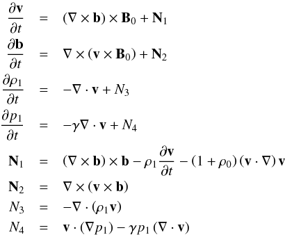 Mathematical equation: \begin{eqnarray} \frac{\partial \vec{v}}{\partial t} &=& \left(\nabla\times\vec{b}\right)\times\vec{B}_0 + \vec{N}_{1} \nonumber\\ \frac{\partial\vec{b}}{\partial t} &=& \nabla\times\left( \vec{v} \times\vec{B}_{0}\right) + \vec{N}_{2} \nonumber\\ \frac{\partial \rho_1}{\partial t} &=& -\nabla\cdot \vec{v} + {N}_{3}\nonumber\\ \frac{\partial p_1}{\partial t} &=& -\gamma \nabla \cdot \vec{v} + {N}_{4} \nonumber\\ {\vec{N}}_1 &=& \left(\nabla\times\vec{b}\right)\times\vec{b} -\rho_{1}\frac{\partial \vec{v}}{\partial t} - \left(1+\rho_{0}\right)\left(\vec{v}\cdot\nabla\right)\vec{v} \nonumber \\ {\vec{N}}_{2} &=& \nabla \times \left(\vec{v}\times\vec{b}\right)\nonumber \\ {{N}}_3 &=& -\nabla \cdot \left(\rho_{1} \vec{v} \right) \nonumber \\ {{N}}_4 &=& \vec{v} \cdot \left(\nabla p_1 \right) -\gamma p_{1} \left(\nabla\cdot\vec{v}\right)\label{equation_MHD} \end{eqnarray}