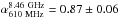 Mathematical equation: \hbox{$\alpha^{\rm 8.46~GHz}_{\rm 610~MHz} = 0.87\pm0.06$}