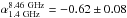 Mathematical equation: \hbox{$\alpha_{\rm 1.4~GHz}^{\rm 8.46~GHz}=-0.62\pm0.08$}