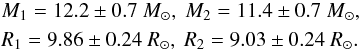 Mathematical equation: \begin{eqnarray*} &&M_1 = 12.2 \pm 0.7\ M_{\odot},\ M_2 = 11.4 \pm 0.7\ M_{\odot}, \\ && R_1 = 9.86 \pm 0.24\ R_{\odot},\ R_2 = 9.03 \pm 0.24\ R_{\odot}. \end{eqnarray*}
