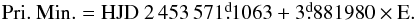 Mathematical equation: \begin{eqnarray*} \rm Pri.\ Min. = HJD\ 2\,453\,571\fd1063 + 3\fd881980 \times E. \end{eqnarray*}
