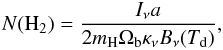 Mathematical equation: \begin{eqnarray} N({\rm H_2}) = \frac{I_\nu a}{2 m_{\rm H} \Omega_{\rm b} \kappa_\nu B_\nu(T_{\rm d})}, \end{eqnarray}