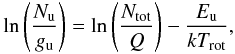Mathematical equation: \begin{eqnarray} \ln\left(\frac{N_{\rm u}}{g_{\rm u}}\right) = \ln\left(\frac{N_{\rm tot}}{Q}\right) - \frac{E_{\rm u}}{kT_{\rm rot}}, \label{RD_eqn} \end{eqnarray}