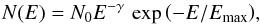 Mathematical equation: \appendix \setcounter{section}{1} \begin{eqnarray} N(E) = N_0 E^{-\gamma}\,\exp{\left(-E/E_{\max}\right)}, \label{newNE} \end{eqnarray}