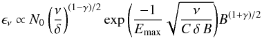 Mathematical equation: \appendix \setcounter{section}{1} \begin{eqnarray} \epsilon_\nu \propto N_0 \left(\frac{\nu}{\delta}\right)^{(1-\gamma)/2}\exp{\left( \frac{-1}{E_{\max}}\sqrt{\frac{\nu}{C\,\delta\,B}}\right)} B^{(1+\gamma)/2} \label{newEps2} \end{eqnarray}