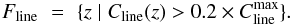 Mathematical equation: \begin{equation} \label{eq:lineformingregion} F_{\rm line} \,\,=\,\, \{z \mid C_{\rm line}(z) > 0.2\times C_{\rm line}^{\rm max} \} \rm . \end{equation}