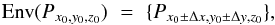 Mathematical equation: \begin{equation} \label{eq:envP} {\rm Env}(P_{x_0,y_0,z_0}) \,\,=\,\, \{P_{x_0\pm\Delta x,y_0\pm\Delta y,z_0}\} \rm , \end{equation}