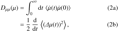 Mathematical equation: % subequation 953 0 \begin{eqnarray} \label{eq:tgk_a}\dm(\mu)&=&\int_0^\infty\df t\,\m{\dot\mu(t)\dot\mu(0)} \\ \label{eq:tgk_b}&=&\frac{1}{2}\,\dd t\,\m{\left(\De\mu(t)\right)^2}, \end{eqnarray}