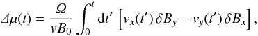 Mathematical equation: \begin{equation} \De\mu(t)=\frac{\Om}{vB_0}\int_0^t\df t'\,\left[v_x(t')\,\delta B_y-v_y(t')\,\delta B_x\right], \end{equation}