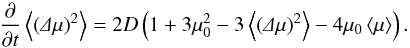 Mathematical equation: \begin{equation} \pd t\m{\left(\De\mu\right)^2}=2D\left(1+3\mu_0^2-3\m{\left(\De\mu\right)^2}-4\mu_0\m{\mu}\right). \end{equation}