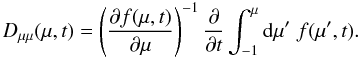 Mathematical equation: \begin{equation} \dm(\mu,t)=\left(\pd[f(\mu,t)]\mu\right)^{-1}\pd t\int_{-1}^\mu\df\mu'\;f(\mu',t). \end{equation}