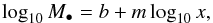 Mathematical equation: \begin{equation} \log _{10}M_{\bullet }=b+m\log _{10}x, \label{Eq_01} \end{equation}