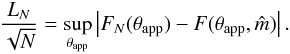 Mathematical equation: \begin{eqnarray} \frac{L_N}{\sqrt{N}}=\sup_{\tapp} \left|F_N(\tapp)-F(\tapp,{\hat{m}})\right|. \label{KS} \end{eqnarray}