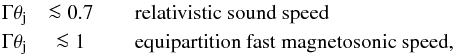 Mathematical equation: \begin{eqnarray} \Gamma\theta_{\rm j} &\la 0.7 \quad &\mbox{relativistic sound speed} \notag \\ \Gamma\theta_{\rm j} &\la 1 \quad &\mbox{equipartition fast magnetosonic speed}, \notag \end{eqnarray}