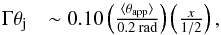 Mathematical equation: \begin{eqnarray} \Gamma\theta_{\rm j}&\sim0.10 \left(\frac{\langle \tapp \rangle}{0.2\text{ rad}}\right)\left(\frac{x}{1/2}\right), \label{blazar} \end{eqnarray}