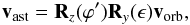 Mathematical equation: \begin{equation} \vec{v}_{\rm ast}={\bf R}_z(\varphi'){\bf R}_y(\epsilon)\vec{v}_{\rm orb}, \end{equation}