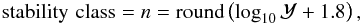Mathematical equation: \begin{equation} {\rm stability\,\, class}=n={\rm round}\left(\log_{10}{\mathcal Y}+1.8\right), \end{equation}