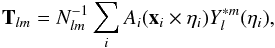 Mathematical equation: \appendix \setcounter{section}{1} \begin{equation} \mathbf{T}_{lm}= N_{lm}^{-1}\sum_i A_i (\vec{x}_i\times\eta_i) Y_l^{*m}(\eta_i),\label{polyhed} \end{equation}