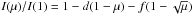 Mathematical equation: \hbox{$I(\mu)/I(1) = 1-d(1-\mu)-f(1-\sqrt{\mu})$}