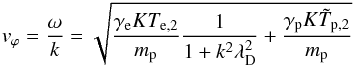 Mathematical equation: \begin{eqnarray} % v_{\varphi }=\frac{\omega }{k}=\sqrt{\frac{\gamma _{\rm e}KT_{{\rm e},2}}{m_{\rm p}}\frac{1% }{1+k^{2}\lambda _{\rm D}^{2}}+\frac{\gamma _{\rm p}K\tilde{T}_{{\rm p},2}}{m_{\rm p}}} \end{eqnarray}