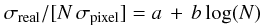 Mathematical equation: $$ \sigma_{\rm real} / [N \, \sigma_{\rm pixel}] = a \, + \, b \, {\log}(N) $$