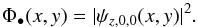Mathematical equation: \begin{equation} \label{OFP} \Phi_\bullet(x,y)=|\psi_{z,0,0}(x,y)|^2 . \end{equation}