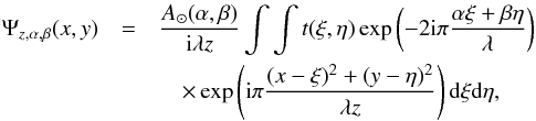 Mathematical equation: \begin{eqnarray} \label{EqFresnel3} \Psi_{z,\alpha,\beta}(x,y)&=& \frac{A_\odot (\alpha,\beta)}{{\rm i} \lambda z} \int \int t(\xi,\eta) \exp\left(-2 {\rm i} \pi \frac{\alpha \xi+ \beta \eta}{\lambda}\right) \nonumber\\ &&\quad\times \exp\left({\rm i} \pi \frac{(x-\xi)^2+(y-\eta)^2}{\lambda z}\right) {\rm d} \xi {\rm d} \eta , \end{eqnarray}