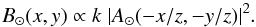 Mathematical equation: \begin{equation} \label{EqFresnel8} B_\odot (x,y) \propto k \; |A_\odot (-x/z,-y/z) |^2 . \end{equation}