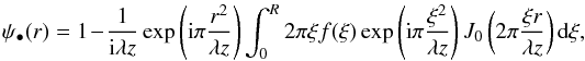 Mathematical equation: \begin{equation} \label{EqBase} \psi_\bullet(r)=1-\frac{1}{{\rm i} \lambda z} \exp\left({\rm i} \pi \frac{r^2}{\lambda z}\right)\int_0^{R} 2 \pi \xi f(\xi) \exp\left({\rm i} \pi \frac{\xi^2}{\lambda z}\right)J_0\left(2 \pi \frac{\xi r}{\lambda z}\right) {\rm d} \xi, \end{equation}