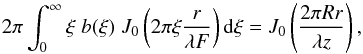 Mathematical equation: \begin{equation} 2 \pi \int_0^\infty \xi \; b(\xi) \; J_0\left(2 \pi \xi \frac{ r}{\lambda F}\right) {\rm d} \xi = J_0 \left(\frac{ 2 \pi R r}{ \lambda z}\right) , \label{Inverse} \end{equation}
