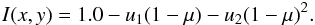 Mathematical equation: \begin{eqnarray} I(x,y) = 1.0- u_{1}(1-\mu)-u_{2}(1-\mu)^{2}. \end{eqnarray}